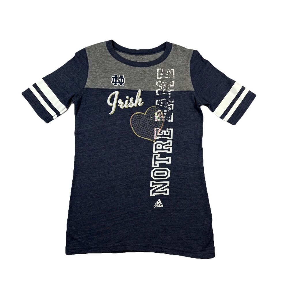 Notre Dame Fighting Irish Adidas T Shirt Heart Sequins Womens S Blue Gray
